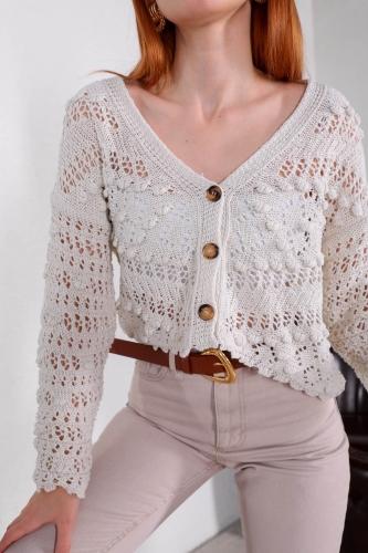 BLZ-06207 Ekru Ajurlu Düğmeli Triko Hırka Bluz - 5