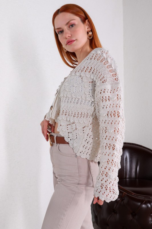 BLZ-06207 Ekru Ajurlu Düğmeli Triko Hırka Bluz - 6