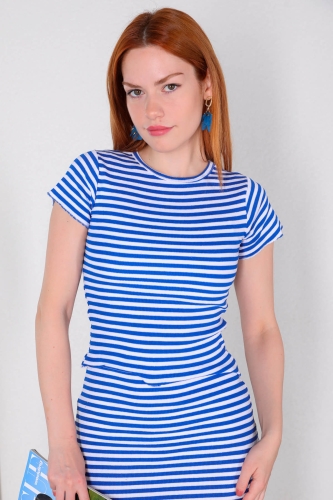 BLZ-06209 Mavi Beyaz Çizgili Crop Bluz - 2