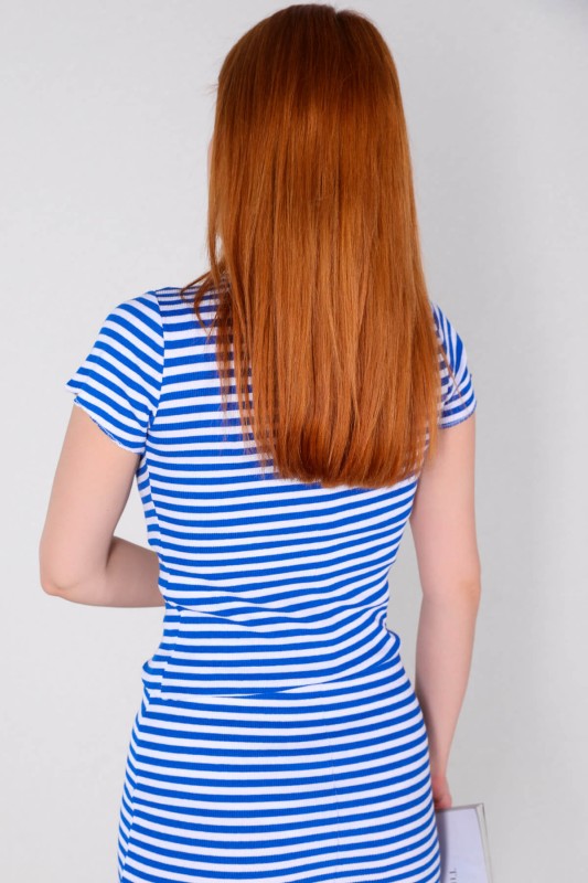 BLZ-06209 Mavi Beyaz Çizgili Crop Bluz - 3