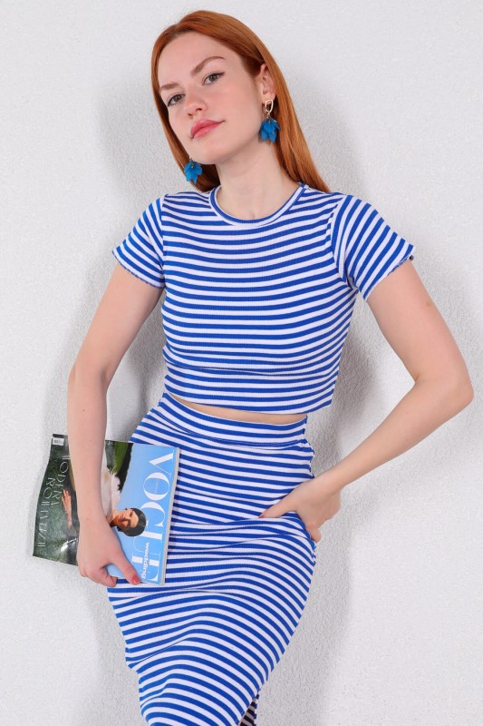 BLZ-06209 Mavi Beyaz Çizgili Crop Bluz - 4