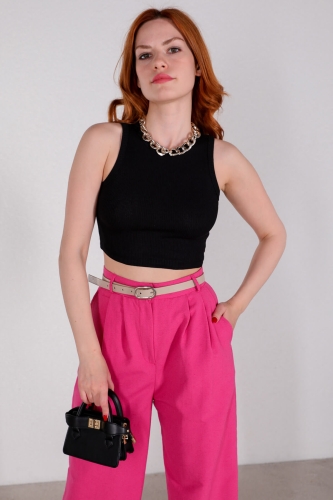 BLZ-06210 Siyah Halter Yaka Kaşkorse Kumaş Crop Bluz 