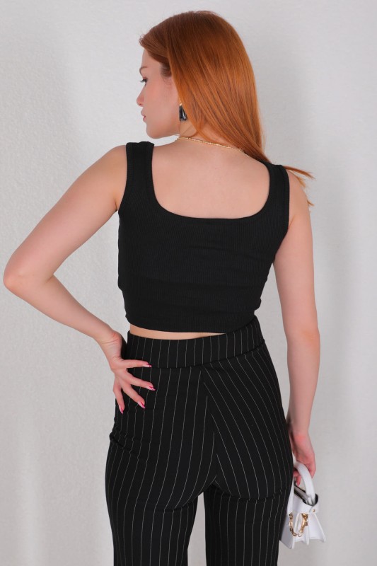 BLZ-06211 Siyah U Yaka Kaşkorse Kumaş Crop Bluz - 3