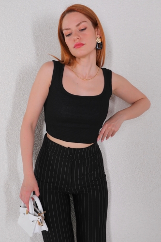 BLZ-06211 Siyah U Yaka Kaşkorse Kumaş Crop Bluz - 1