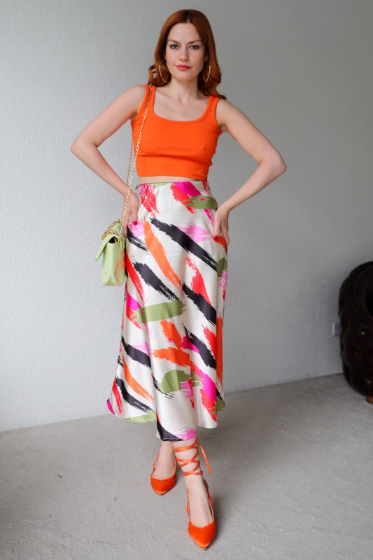 BLZ-06211 Turuncu U Yaka Kaşkorse Kumaş Crop Bluz - 4