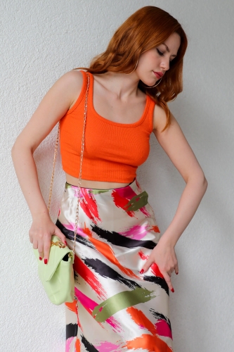 BLZ-06211 Turuncu U Yaka Kaşkorse Kumaş Crop Bluz 