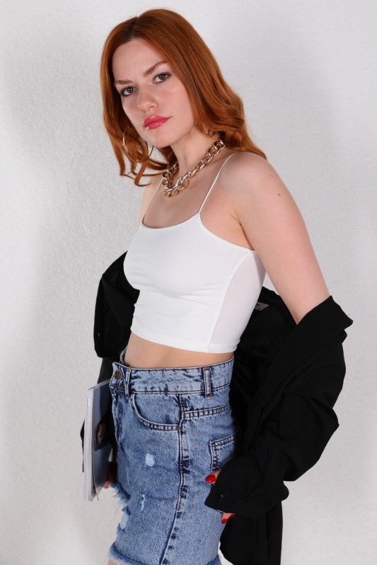 BLZ-06212 Beyaz İp Askılı Crop Bluz - 2