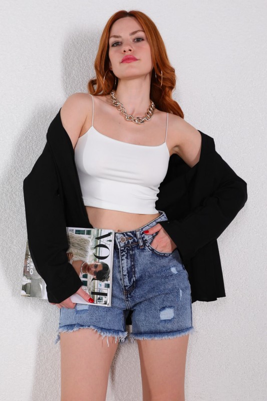 BLZ-06212 Beyaz İp Askılı Crop Bluz - 1