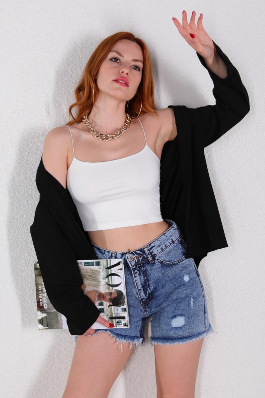 BLZ-06212 Beyaz İp Askılı Crop Bluz - 4