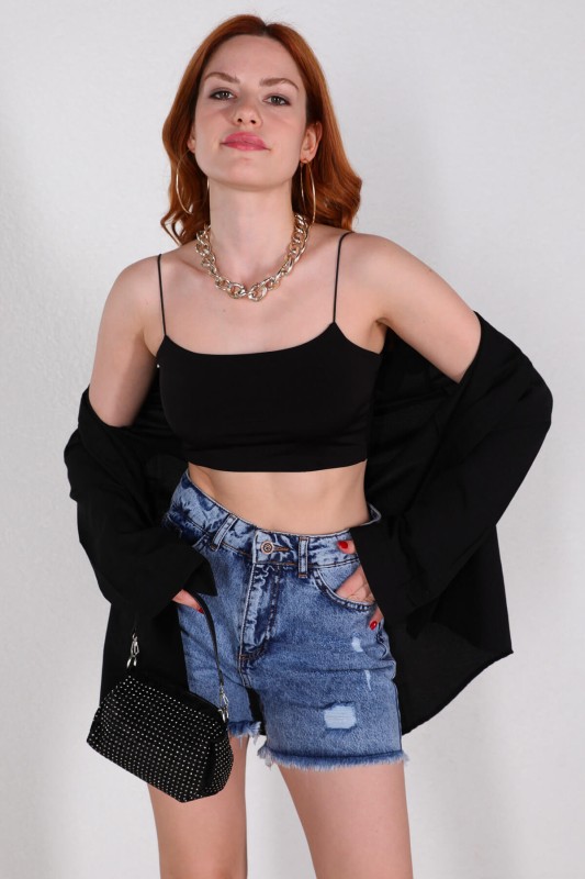 BLZ-06212 Siyah İp Askılı Crop Bluz - 4