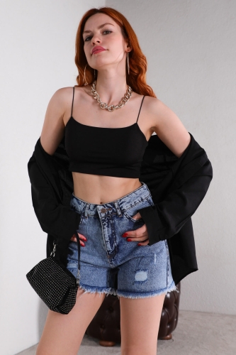 BLZ-06212 Siyah İp Askılı Crop Bluz 