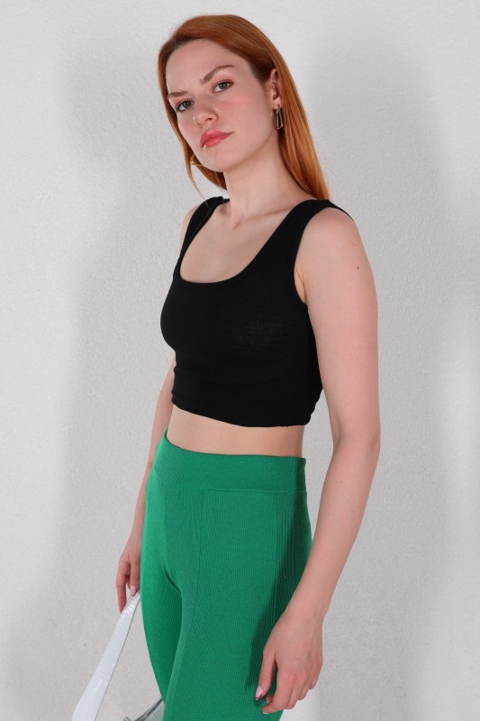 BLZ-06214 Siyah Kare Yaka Crop Triko Bluz - 2