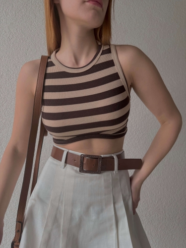 BLZ-06232 Vizon Yatay Çizgili Oval Bel Detaylı Kaşkorse Crop Bluz 