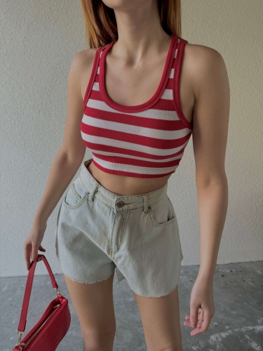 BLZ-06234 Kırmızı Yatay Çizgili U Yaka Kaşkorse Crop Bluz 