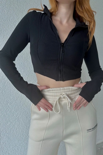 BLZ-06240 Siyah Fermuarlı Parmak Detaylı Kaşkorse Kumaş Bluz 