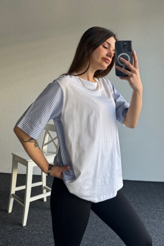 BLZ-06246 Beyaz Mavi Çizgili Gömlek Detaylı Tasarım Basic Bluz - 3