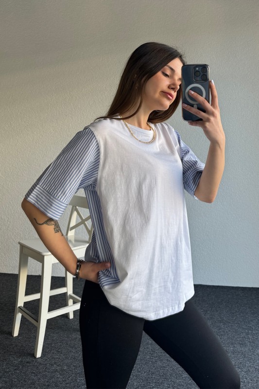 BLZ-06246 Beyaz Mavi Çizgili Gömlek Detaylı Tasarım Basic Bluz - 3