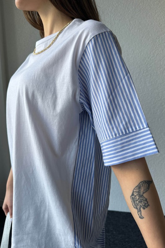 BLZ-06246 Beyaz Mavi Çizgili Gömlek Detaylı Tasarım Basic Bluz - 2