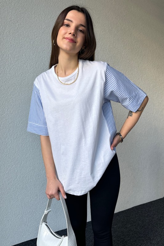 BLZ-06246 Beyaz Mavi Çizgili Gömlek Detaylı Tasarım Basic Bluz - 4