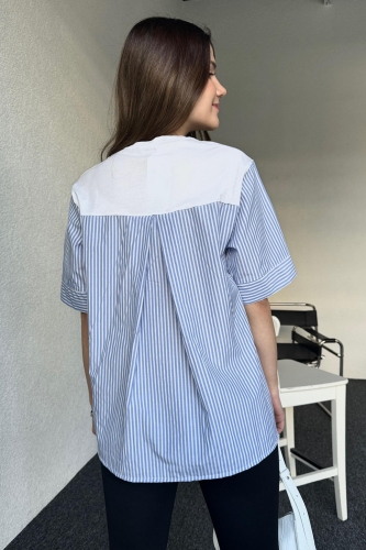BLZ-06246 Beyaz Mavi Çizgili Gömlek Detaylı Tasarım Basic Bluz - 5