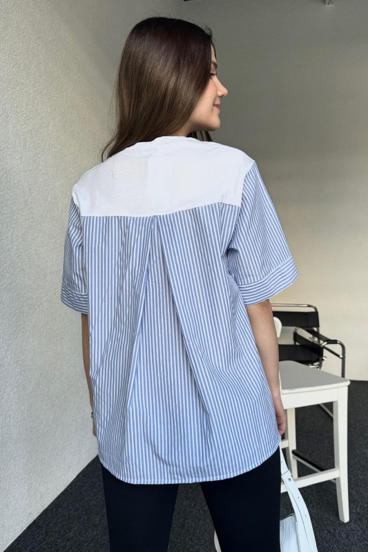 BLZ-06246 Beyaz Mavi Çizgili Gömlek Detaylı Tasarım Basic Bluz - 5