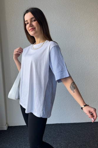BLZ-06246 Beyaz Mavi Çizgili Gömlek Detaylı Tasarım Basic Bluz - 1