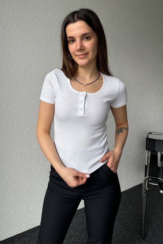 BLZ-06250 Beyaz Çıtçıt Detaylı Kaşkorse Kumaş Crop Bluz - 2