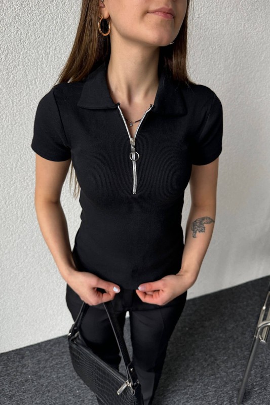 BLZ-06254 Siyah Fermuarlı Polo Yaka Kaşkorse Kumaş Crop Bluz - 1