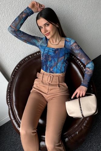 BLZ-06256 Mavi Tüy Detaylı Kare Yaka Crop Bluz - 1