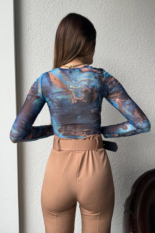 BLZ-06256 Mavi Tüy Detaylı Kare Yaka Crop Bluz - 5