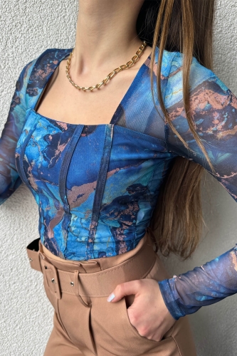 BLZ-06256 Mavi Tüy Detaylı Kare Yaka Crop Bluz - 2