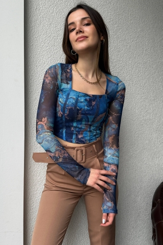 BLZ-06256 Mavi Tüy Detaylı Kare Yaka Crop Bluz - 3