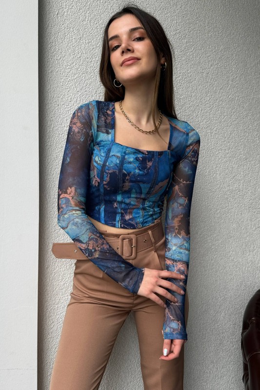 BLZ-06256 Mavi Tüy Detaylı Kare Yaka Crop Bluz - 3