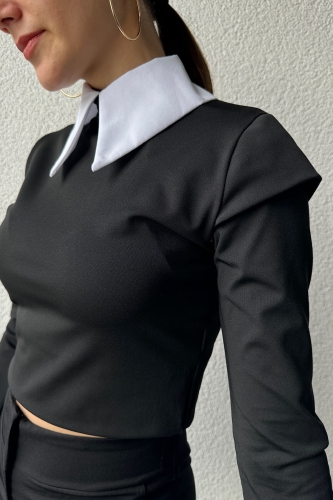 BLZ-06258 Siyah Gömlek Yaka Kol ve Arka Fermuar Detaylı Bluz - 2