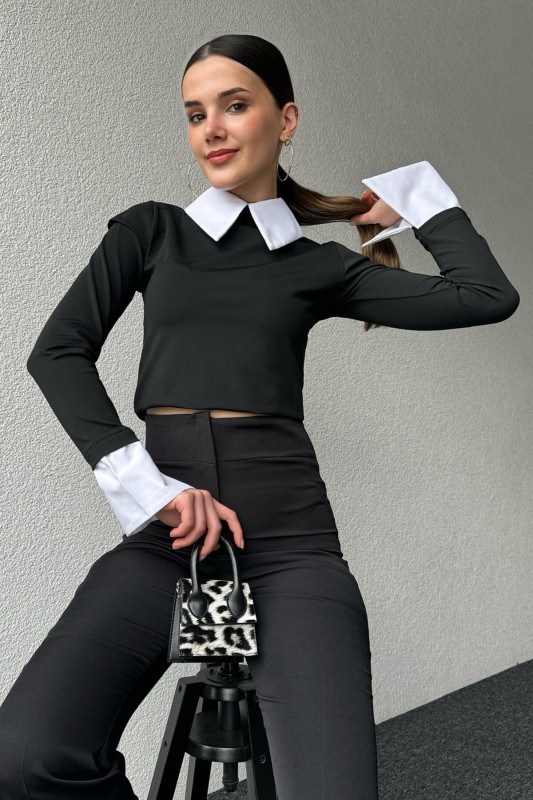 BLZ-06258 Siyah Gömlek Yaka Kol ve Arka Fermuar Detaylı Bluz - 1