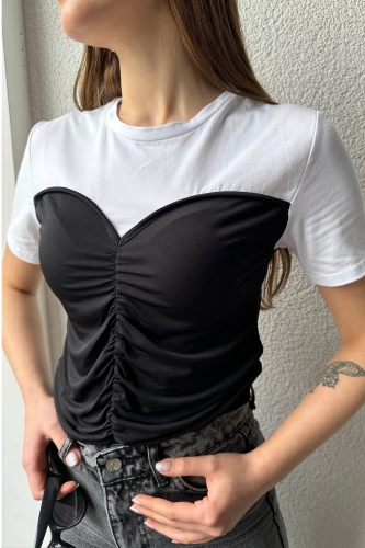 BLZ-06259 Siyah Straplez Görünümlü Ön Büzgü Detaylı Tasarım Bluz - 2