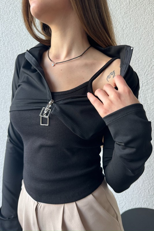 BLZ-06260 Siyah Fermuarlı Dik Yaka Kaşkorse Kumaş Askılı İkili Birleşik Bluz - 4