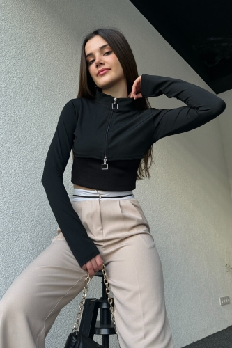 BLZ-06260 Siyah Fermuarlı Dik Yaka Kaşkorse Kumaş Askılı İkili Birleşik Bluz - 3
