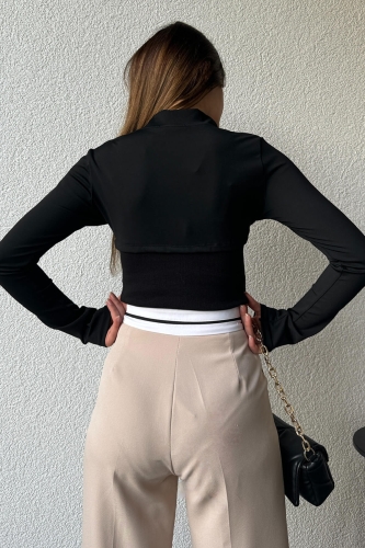 BLZ-06260 Siyah Fermuarlı Dik Yaka Kaşkorse Kumaş Askılı İkili Birleşik Bluz - 6