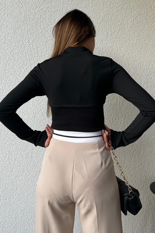 BLZ-06260 Siyah Fermuarlı Dik Yaka Kaşkorse Kumaş Askılı İkili Birleşik Bluz - 6