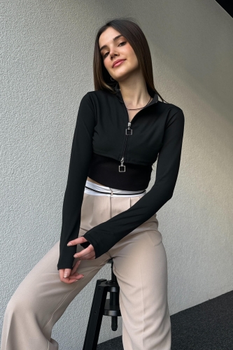 BLZ-06260 Siyah Fermuarlı Dik Yaka Kaşkorse Kumaş Askılı İkili Birleşik Bluz - 1