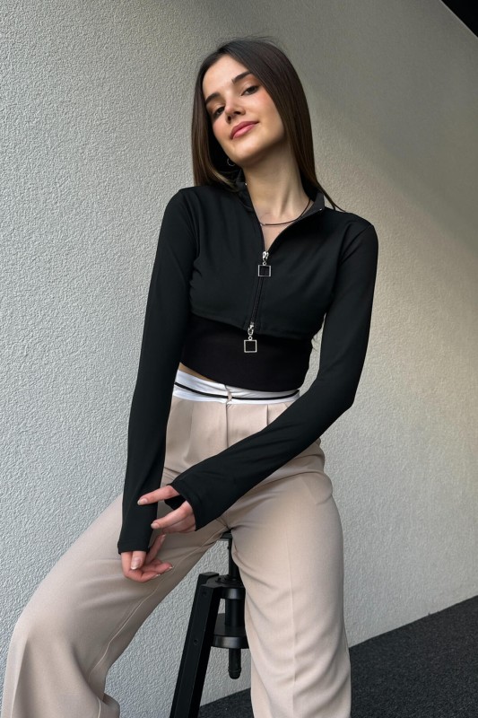 BLZ-06260 Siyah Fermuarlı Dik Yaka Kaşkorse Kumaş Askılı İkili Birleşik Bluz - 1