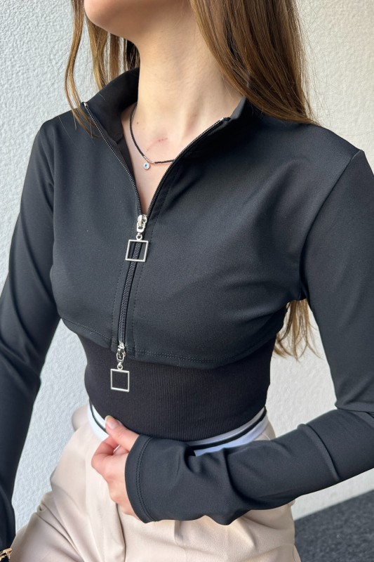 BLZ-06260 Siyah Fermuarlı Dik Yaka Kaşkorse Kumaş Askılı İkili Birleşik Bluz - 2