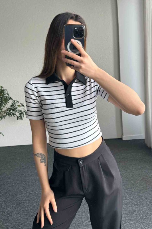 BLZ-06266 Beyaz Siyah Polo V Yaka Düğmeli Kaşkorse Kumaş Bluz - 3
