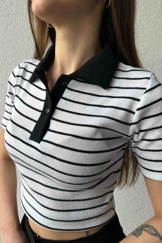 BLZ-06266 Beyaz Siyah Polo V Yaka Düğmeli Kaşkorse Kumaş Bluz - 2