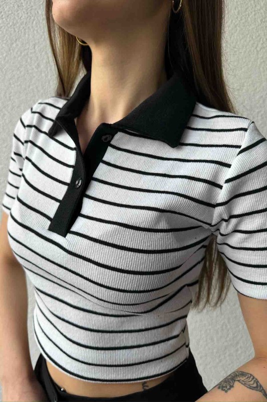 BLZ-06266 Beyaz Siyah Polo V Yaka Düğmeli Kaşkorse Kumaş Bluz - 2