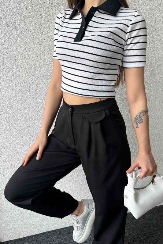 BLZ-06266 Beyaz Siyah Polo V Yaka Düğmeli Kaşkorse Kumaş Bluz - 4