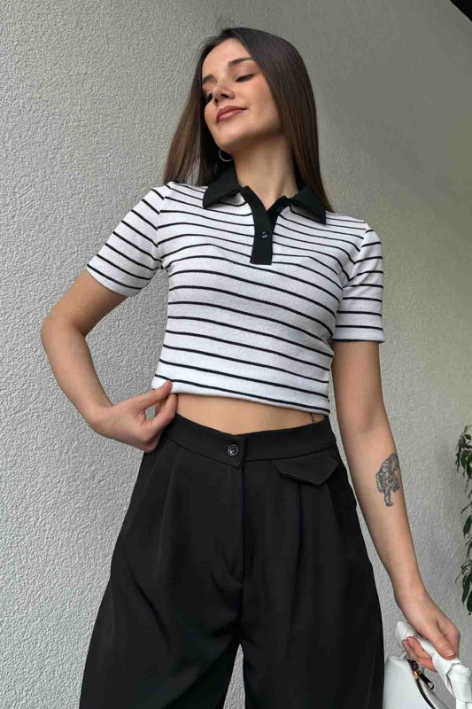 BLZ-06266 Beyaz Siyah Polo V Yaka Düğmeli Kaşkorse Kumaş Bluz - 1