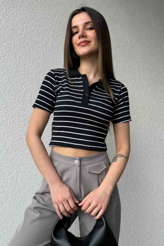 BLZ-06266 Siyah Beyaz Polo V Yaka Düğmeli Kaşkorse Kumaş Bluz - 4