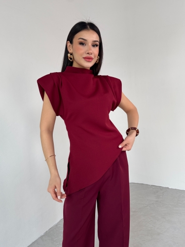 BLZ-06276 Bordo Vatkalı Arka Fermuarlı Asimetrik Kesim Tasarım Bluz 